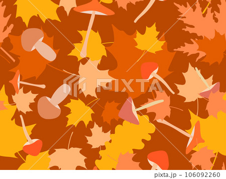 Autumn seamless pattern with leaves and mushrooms. Leaf fall, maple and oak leaves with different mushrooms. Design for wallpaper, print, typography and wrappers. Vector illustration 106092260