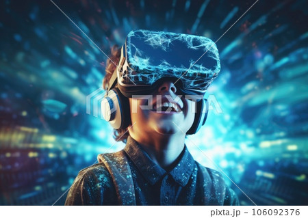 A boy wearing VR headset user, surreal world and virtual reality, colorful flowers fields. Generative AI 106092376