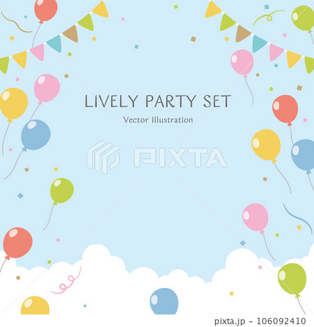 爽やかな青空に舞う風船とガーランドと紙吹雪。賑やかなパーティセット 106092410