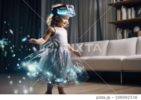 Princess girl wearing VR headset user, surreal world and virtual reality, colorful flowers fields. Generative AI 106092536