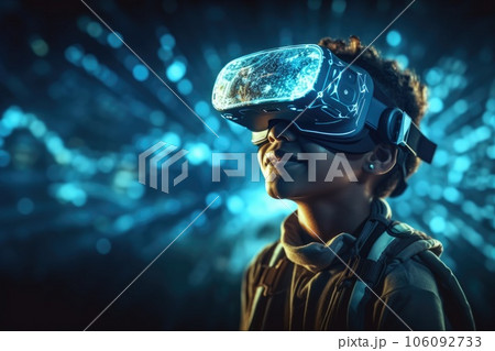 A boy wearing VR headset user, surreal world and virtual reality, colorful flowers fields. Generative AI 106092733