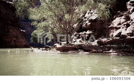landscape with red sandstone rock and river 106093306