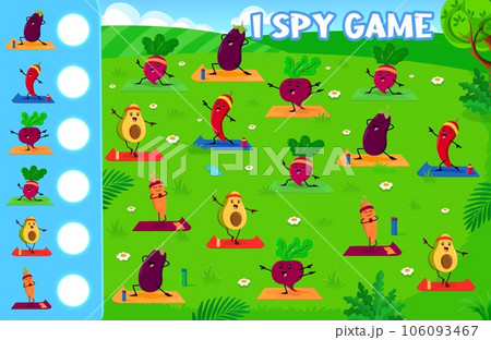 I spy game. Funny vegetable characters on yoga. Kids vector riddle worksheet with cartoon avocado, beetroot, radish, chili pepper or carrot and eggplant. How many yogi veggies children counting test I spy game. Funny vegetable characters on yoga. Kids vector riddle worksheet with cartoon avocado, beetroot, radish, chili pepper or carrot and eggplant. How many yogi veggies children counting test 106093467