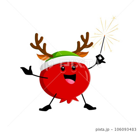 Cartoon Christmas holiday cranberry berry character with festive sparkler. Isolated vector mooseberry personage wear reindeer horns, radiating joy and celebration, creates a merry holiday ambiance Cartoon Christmas holiday cranberry berry character with festive sparkler. Isolated vector mooseberry personage wear reindeer horns, radiating joy and celebration, creates a merry holiday ambiance 106093483