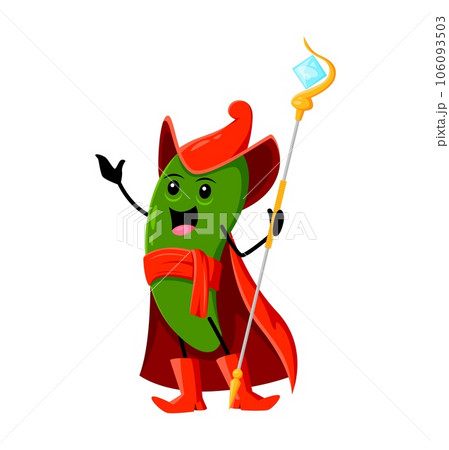 Cartoon Halloween jalapeno, guindilla or green chili pepper wizard or mage character. Isolated vector sorcerer personage with a staff, casting spicy spells and conjuring up sizzling magic concoctions 106093503