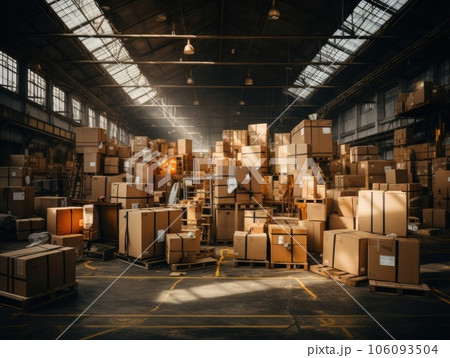 A large warehouse with multiple stacks of boxes, parcels and merchandise, some boxes are on wooden pallets. Generative AI 106093504