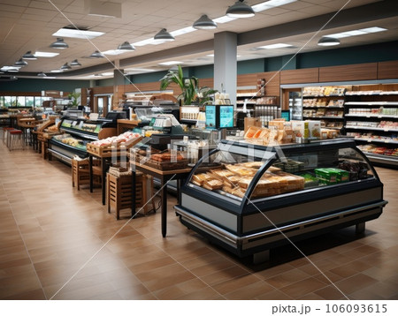 Supermarket store interior with shelves and display cabinet glass, a long corridor along the way, and light bulbs on the ceiling. Generative AI Supermarket store interior with shelves and display cabinet glass, a long corridor along the way, and light bulbs on the ceiling. Generative AI 106093615