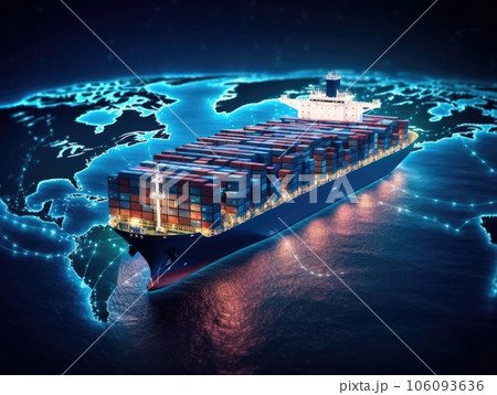Container ship or cargo shipping business logistics import and export freight transportation by container ship in the open sea. Generative AI 106093636