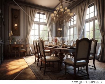 Wide angle view of the dining room in British style with dining sets, sunlight shines through windows. Generative AI 106093637
