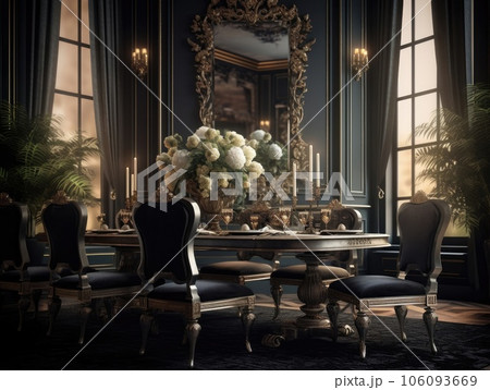 Dining room for elegant dining room and dining sets, a beautiful flower vase, in the style of gloomy. Generative AI Dining room for elegant dining room and dining sets, a beautiful flower vase, in the style of gloomy. Generative AI 106093669