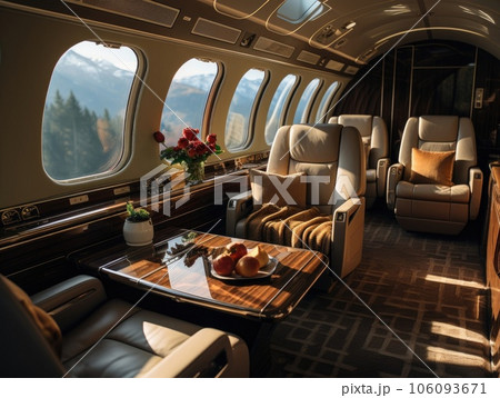 A private airplane with beige leather seats and a tray table in the style of modern luxury, overlooking the sky through a window. Generative AI A private airplane with beige leather seats and a tray table in the style of modern luxury, overlooking the sky through a window. Generative AI 106093671
