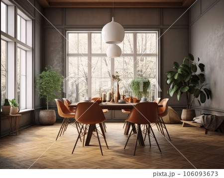 Dining room and dining sets, At a sleek and minimalist wooden dining table, sunlight shines through large windows. Generative AI 106093673