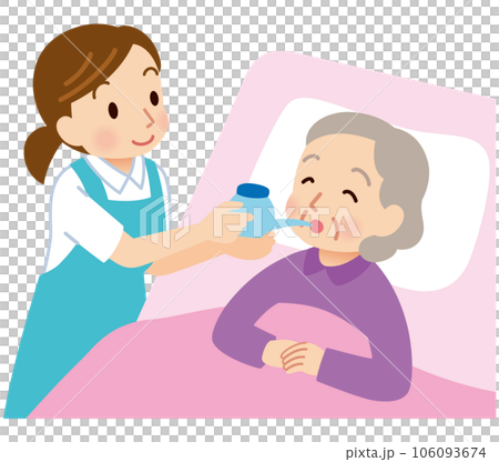 吸い飲みで水分をとる高齢者　ヘルパー 106093674