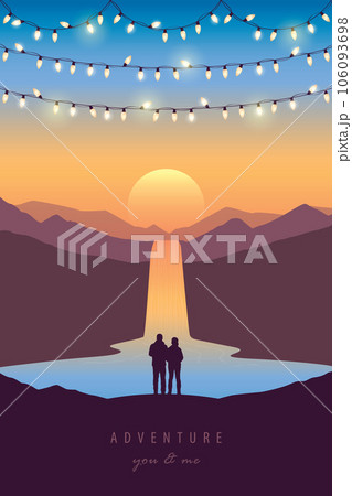 couple man and woman by waterfall river tropical landscape at beautiful sunset couple man and woman by waterfall river tropical landscape at beautiful sunset 106093698