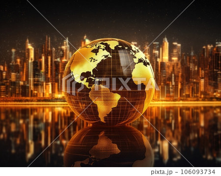 A gold globe, earth finance concept economy global business, skyscrapers in the style of bokeh in the background. Generative AI 106093734