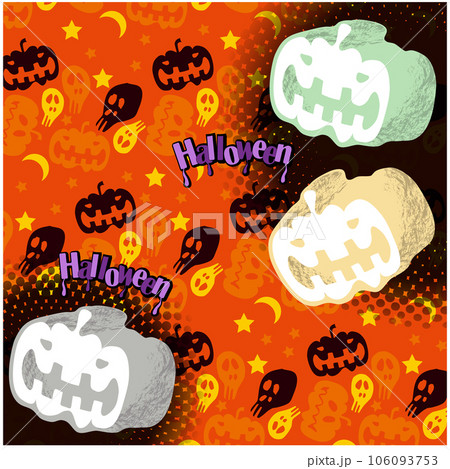 ふわふわのユニークなカボチャ、スケルトン、ハロウィーンのテキストを使用したテキスタイル 106093753