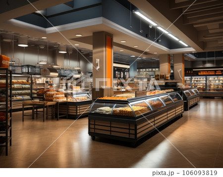 Supermarket store interior with shelves and display cabinet glass, a long corridor along the way, and light bulbs on the ceiling. Generative AI 106093819