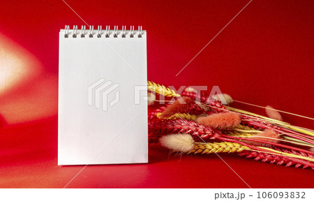 empty desk calendar with copy space for text, design and graphics isolated on a red background 106093832