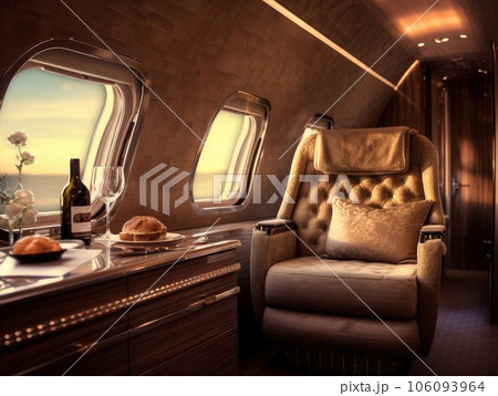 A private airplane with brown velvet cushion seats and a tray table in the style of modern luxury, overlooking the sky through a window. Generative AI 106093964