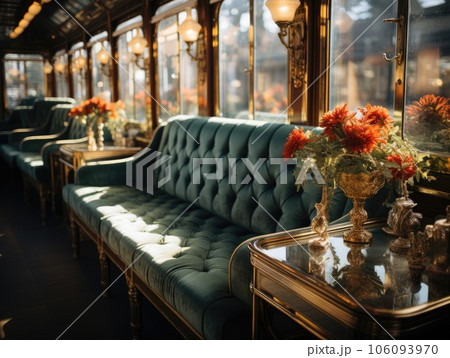 Velvet seats inside a train car in the style of luxury, with a table and windows, sunlight shines through the windows. Generative AI 106093970