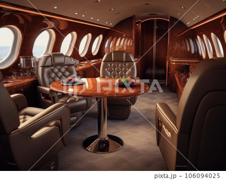 A business jet sitting with tables and other seating in the style of dark beige and brown, modern and luxury. Generative AI 106094025