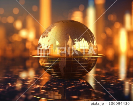A gold globe, earth finance concept economy global business, skyscrapers in the style of bokeh in the background. Generative AI 106094430