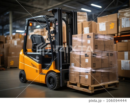 A large warehouse with rows of multiple stacks of boxes and merchandise, forklift loads pallets and boxes in warehouse. Generative AI 106094444