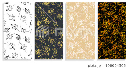 Set of vertical cereal grass leaves silhouettes flyers with Autumn fallen field grass seamless patterns. Templates for invitation, banners, brochures print. Vector on black and white Set of vertical cereal grass leaves silhouettes flyers with Autumn fallen field grass seamless patterns. Templates for invitation, banners, brochures print. Vector on black and white 106094506