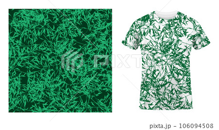 Short sleeved cotton sports t shirt decorated camouflage grass leaves silhouettes seamless pattern. Grass floral ornate. Comfortable summer clothes. Vector ornament for design of textile and fabric 106094508