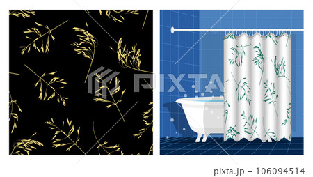 Bathroom interior with bathtub and curtain decorated cereal grass leaves silhouettes seamless pattern. Autumn field grass. Vector illustration, ornament for design of posters, printing on fabric 106094514
