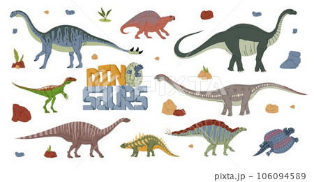 Cartoon dinosaur characters, vector prehistoric monster animals and cute baby dino personages. Happy melanorosaurus, eoraptor, henodus and lotosaurus, shunosaurus, wuerhosaurus, apatosaurus dinosaurs 106094589