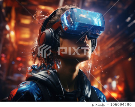 Woman wearing a VR headset, futuristic virtual world, digital art illustration and colorful. Generative AI 106094590
