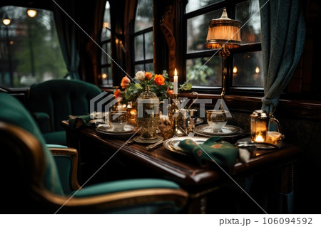 A dining table, dining set and velvet seats in train in the style of luxury, light from a lamp. Generative AI 106094592