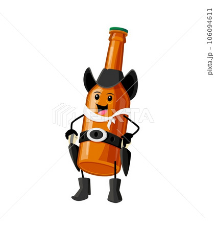 Cartoon mezcal bottle cowboy and sheriff, bandit and robber or ranger mexican drink character. Vector charismatic cowpuncher drink personage wear hat, wielding guns, adding a touch of western flair 106094611