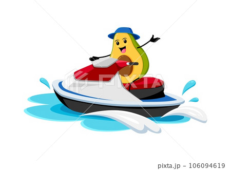 Cartoon avocado character riding water bike on summer vacation. Isolated vector vegetable personage indulging in outdoor recreation and relaxation at sea unwinding by ocean during holidays Cartoon avocado character riding water bike on summer vacation. Isolated vector vegetable personage indulging in outdoor recreation and relaxation at sea unwinding by ocean during holidays 106094619