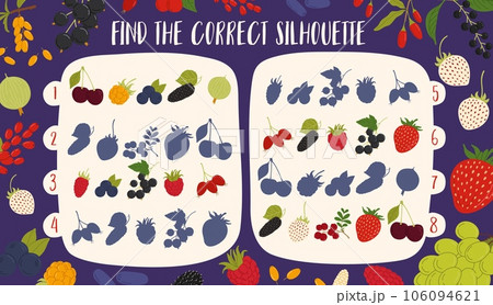 Find the correct shadow. Forest and garden ripe berries. Kids vector game worksheet with cherry, cloudberry, mulberry and gooseberry. Raspberry, rosehip, birds cherry and strawberry with cranberry 106094621