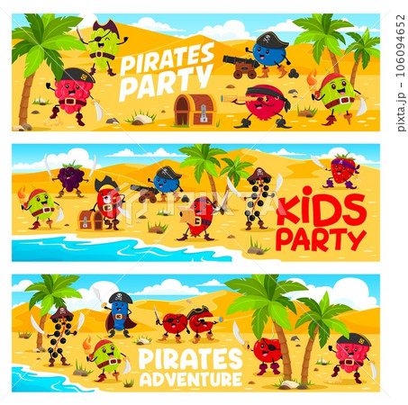 Cartoon berry pirates and corsairs on island. Vector horizontal banners with raspberry, grape, blueberry and cranberry. Gooseberry, barberry, blackberry, birds cherry and strawberry with honeyberry Cartoon berry pirates and corsairs on island. Vector horizontal banners with raspberry, grape, blueberry and cranberry. Gooseberry, barberry, blackberry, birds cherry and strawberry with honeyberry 106094652