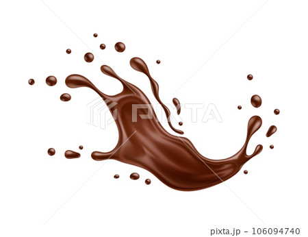 Realistic chocolate milk wave splash, cocoa drink spill with drops. Vector 3d melted chocolate bar, choco candy or cream wavy flow. Isolated cocoa milk shake, sauce, glaze or syrup splash with ripples 106094740