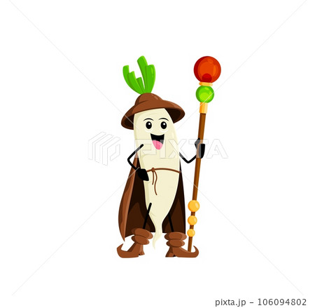 Cartoon Halloween daikon radish vegetable mage character. Isolated vector mystical wizard veggies possessing extraordinary magical abilities, conjuring spells and harnessing the power of sorcery 106094802