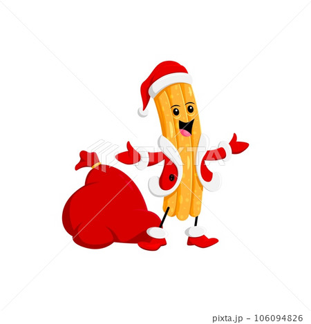 Cartoon Christmas tex mex mexican churros character in Santa costume with a gift bag bursting with presents. Isolated vector festive and delightful Noel personage spreading holiday joy and sweetness Cartoon Christmas tex mex mexican churros character in Santa costume with a gift bag bursting with presents. Isolated vector festive and delightful Noel personage spreading holiday joy and sweetness 106094826
