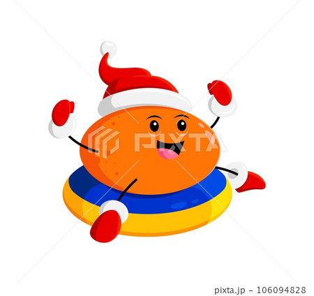 Cartoon Christmas ripe raw orange fruit character joyfully sliding down the hill through a winter wonderland on snow tube. Isolated vector cheerful citrus personage with a big smile wears Santa hat Cartoon Christmas ripe raw orange fruit character joyfully sliding down the hill through a winter wonderland on snow tube. Isolated vector cheerful citrus personage with a big smile wears Santa hat 106094828