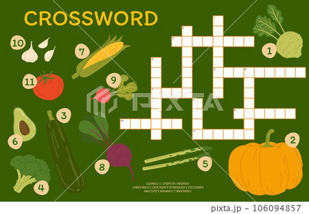 Agricultural crossword quiz game with autumn harvest raw vegetables. Crossword puzzle, vocabulary game vector worksheet with garlic, corn, tomato and radish, avocado, zucchini, pumpkin farm veggies Agricultural crossword quiz game with autumn harvest raw vegetables. Crossword puzzle, vocabulary game vector worksheet with garlic, corn, tomato and radish, avocado, zucchini, pumpkin farm veggies 106094857