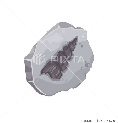 Seashell fossil, ancient sea animal stone imprint, vector paleontology science. Cartoon Jurassic shell trace in gray stone. Silhouette of prehistoric gastropod mollusk with spiral tower shell 106094876