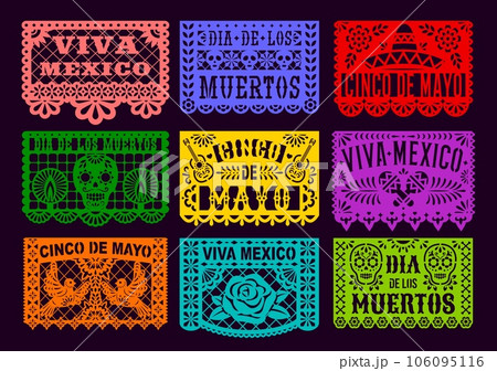 Mexican papel picado paper cut holiday flags. Cinco de mayo, day of the dead, viva Mexico. Vector traditional laser cutting decoration banners with floral pattern, skulls, cacti, flowers or sombrero 106095116
