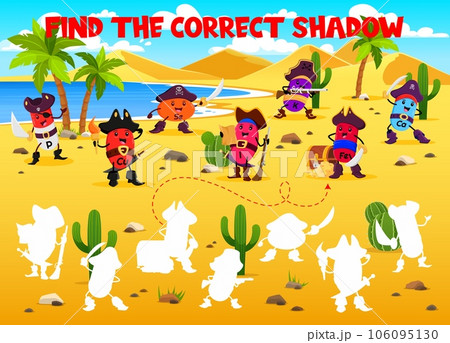 Find the correct shadow of cartoon vitamins and micronutrients pirate characters. Kids vector game worksheet with P, Cu, Se and I. Ca, Fe or K healthy supplement capsules. Children logic activity 106095130