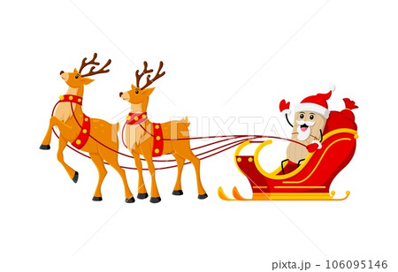 Cartoon Christmas tex mex tamales character in Santa costume joyfully rides a sleigh pulled by majestic reindeers, spreading holiday cheer with gifts. Isolated vector Mexican food Xmas personage 106095146