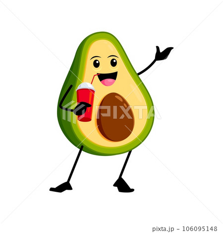 Cartoon mexican avocado character with cocktail, reflects the festive spirit and cultural vibes of Mexico. Isolated vector tropical food personage relaxing and enjoying refreshing beverage 106095148