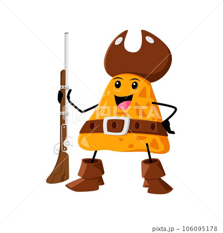 Cartoon nachos pirate and corsair tex mex mexican food character. Isolated vector meal of Mexico armed with a rifle gun, adding an adventurous and daring twist to the traditional snack 106095178