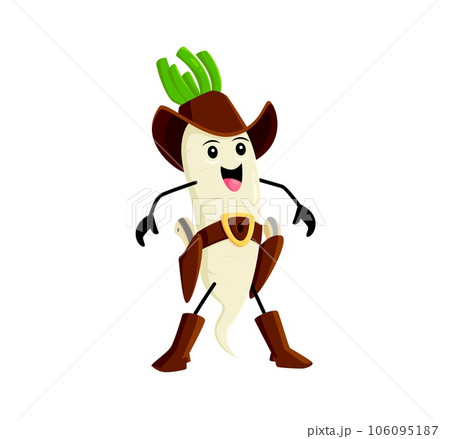 Cartoon wild west daikon radish cowboy vegetable character. Isolated vector fresh lively veggies personage wear stockrider attire bringing a playful twist with its unique charm and adventurous spirit Cartoon wild west daikon radish cowboy vegetable character. Isolated vector fresh lively veggies personage wear stockrider attire bringing a playful twist with its unique charm and adventurous spirit 106095187