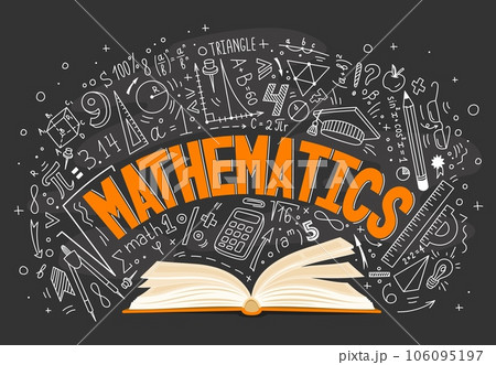 Math textbook and formulas on chalkboard. 106095197 PIXTA